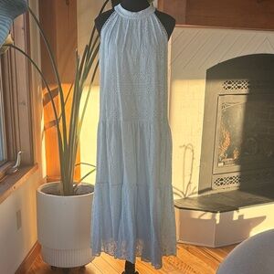 Powder Blue Eyelet Halter Midi Dress